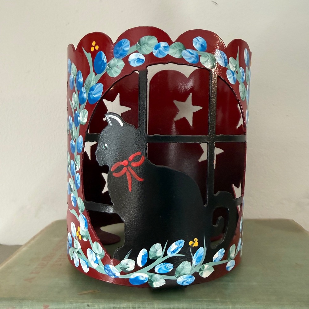 Americana Toleware Metal Jar Candle Holder Black Cat Window Stars Burgundy 4.5in